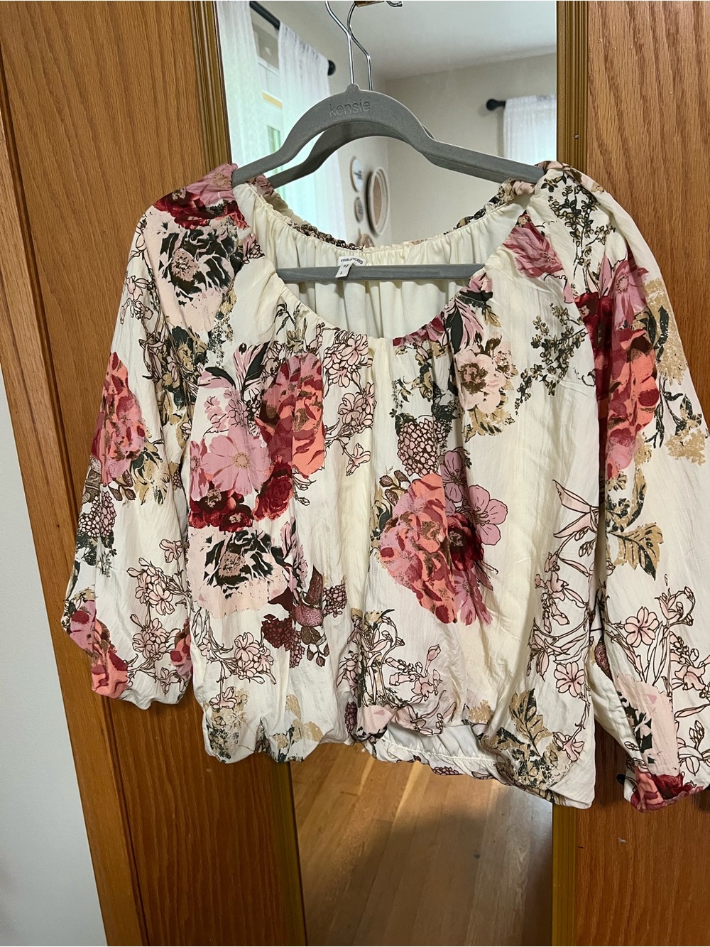 Maurices Cream Floral Off-Shoulder Peasant Blouse with Pink and Burgundy Flowers
